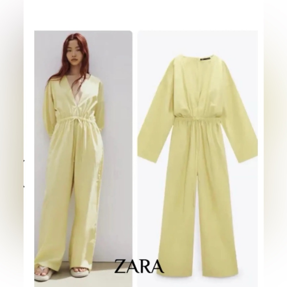 Zara Pale Yellow Long Sleeve Drawstring Jumpsuit